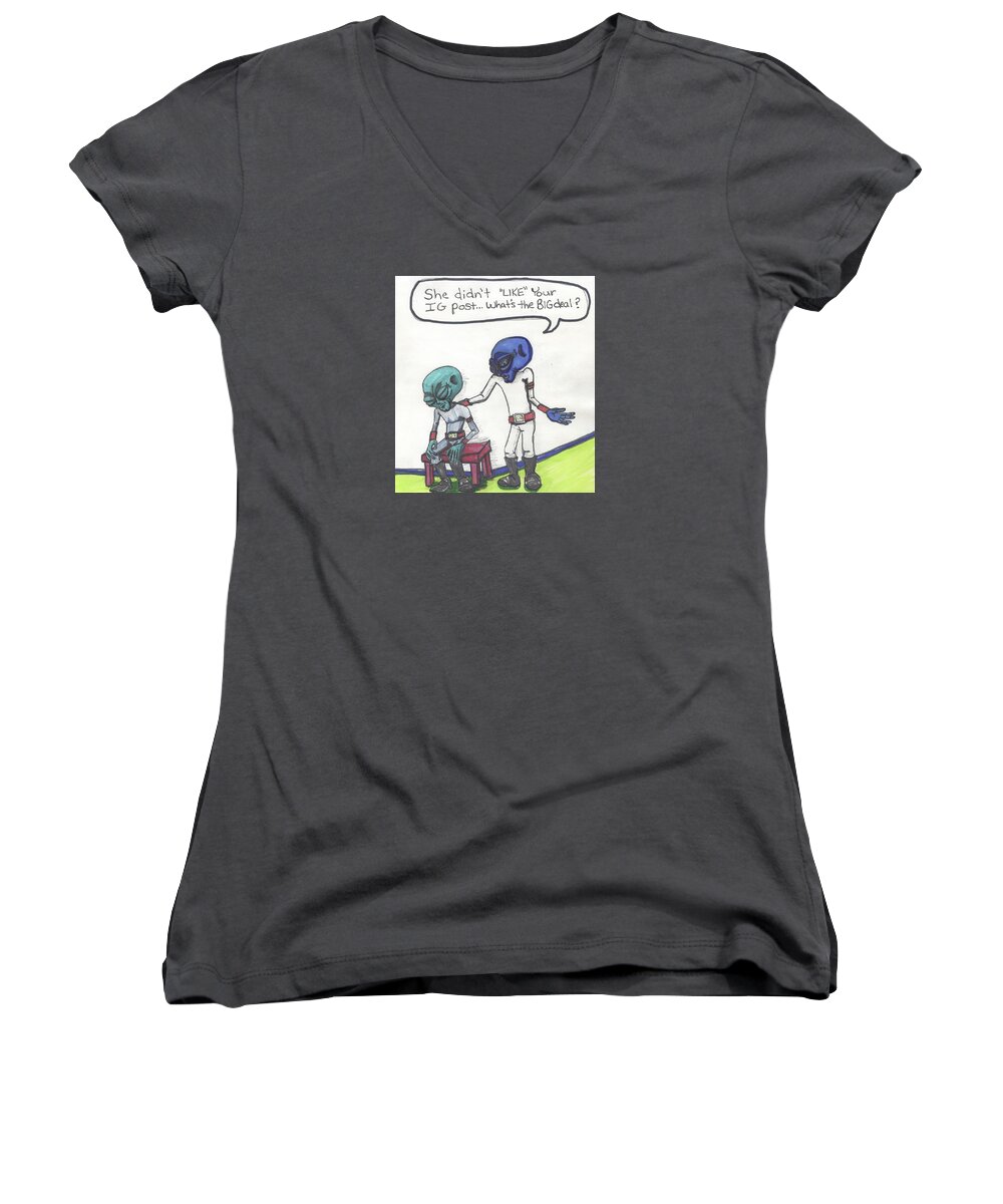 Lie Women's V-Neck featuring the drawing She didn't LIKE your Instagram post. by Similar Alien