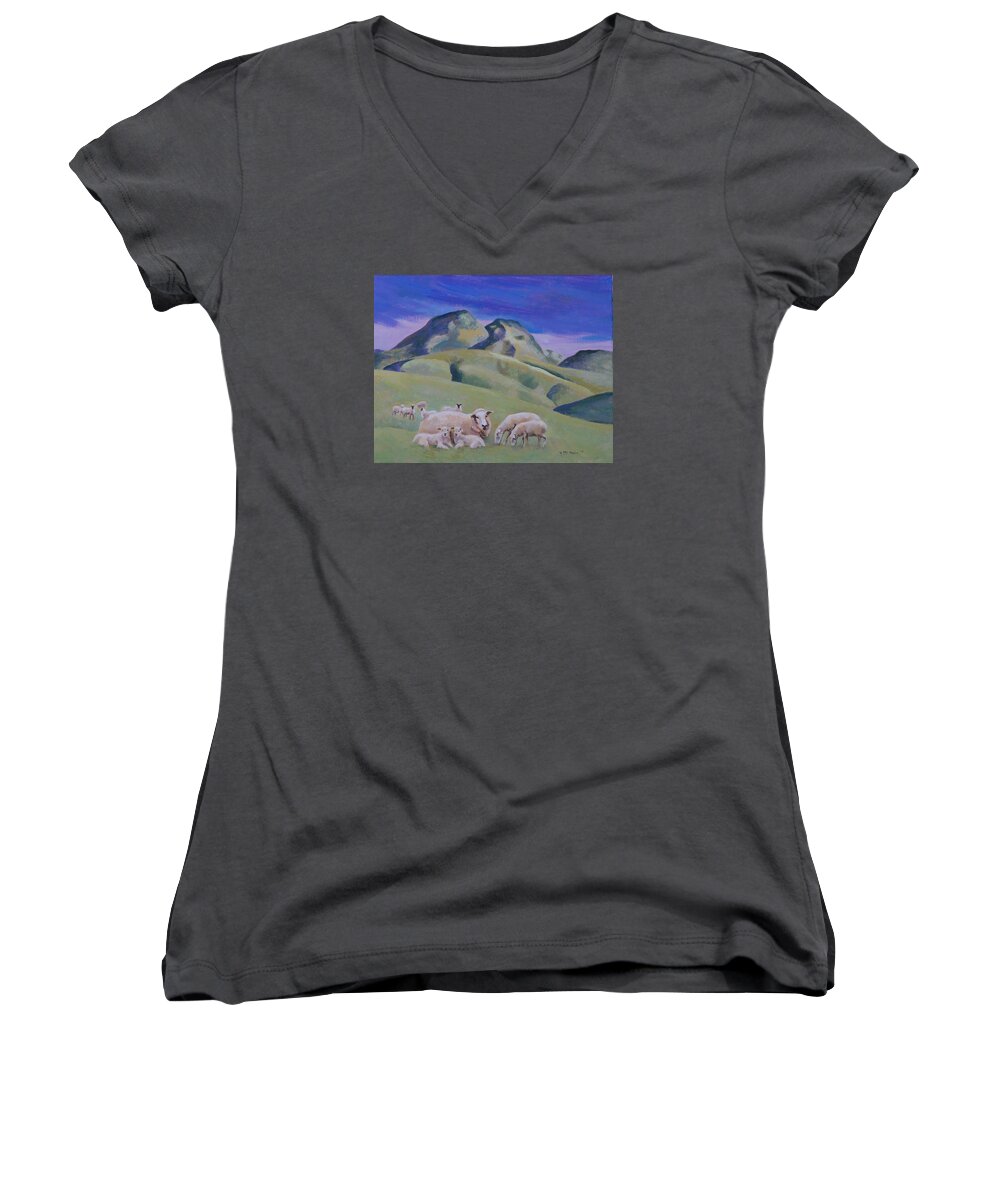 Landscape Women's V-Neck featuring the painting Sheep at Sutter Buttes by Susan McNally