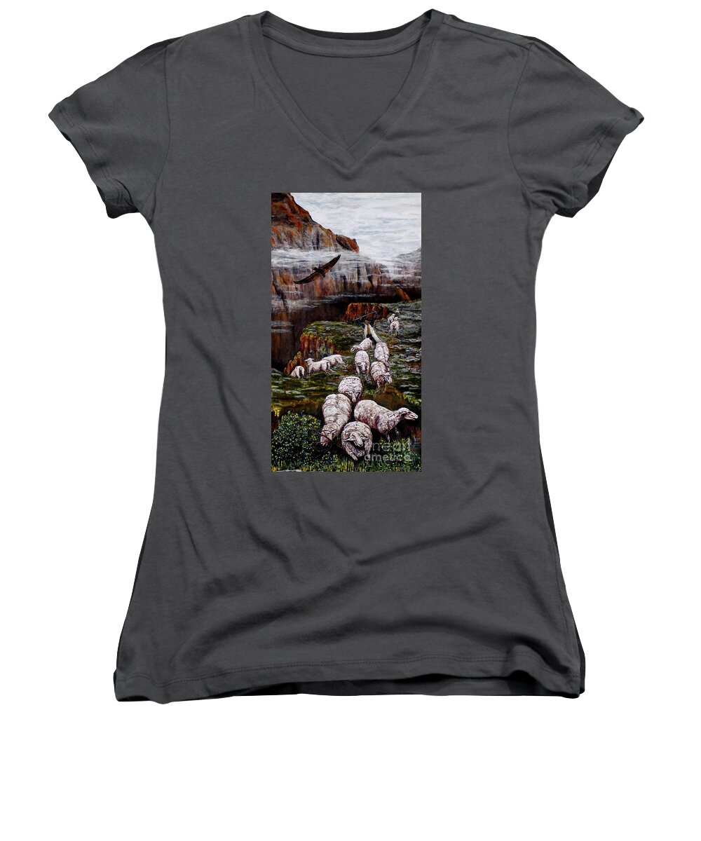 Sheep Women's V-Neck featuring the painting Sheep in the Mountains by Judy Kirouac