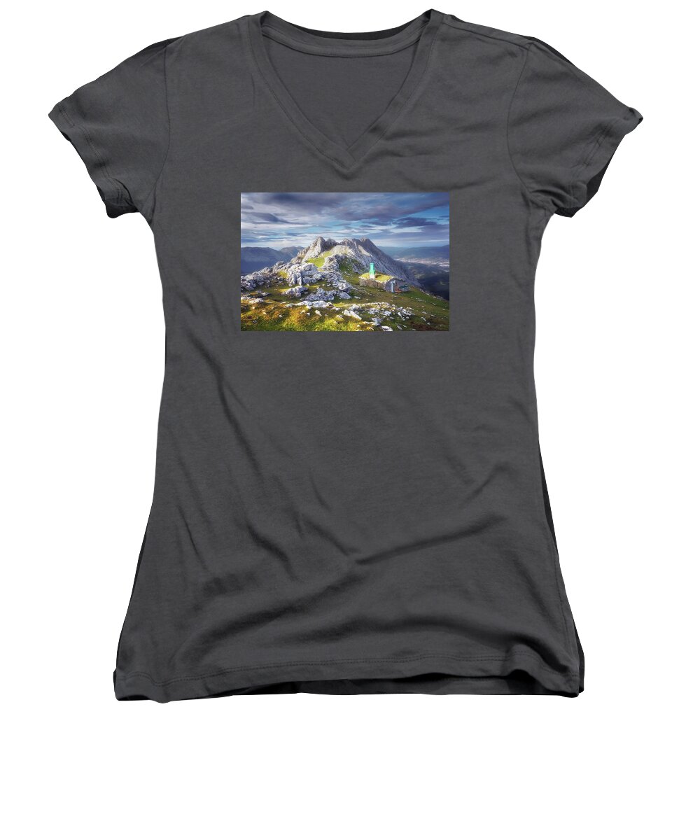 Rock Women's V-Neck featuring the photograph Shelter in the top of Urkiola Mountains by Mikel Martinez de Osaba