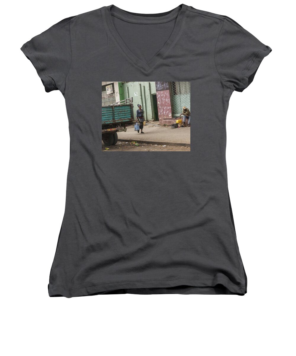 Woman Women's V-Neck featuring the photograph Shopping Trip by Alex Lapidus
