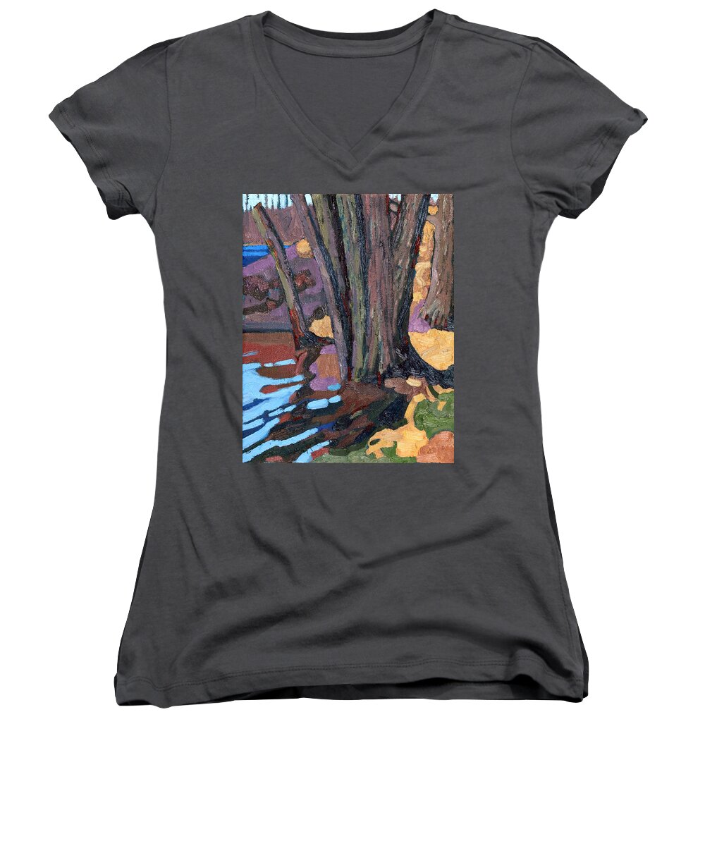 Jim Women's V-Neck featuring the painting Shoreline Maples by Phil Chadwick