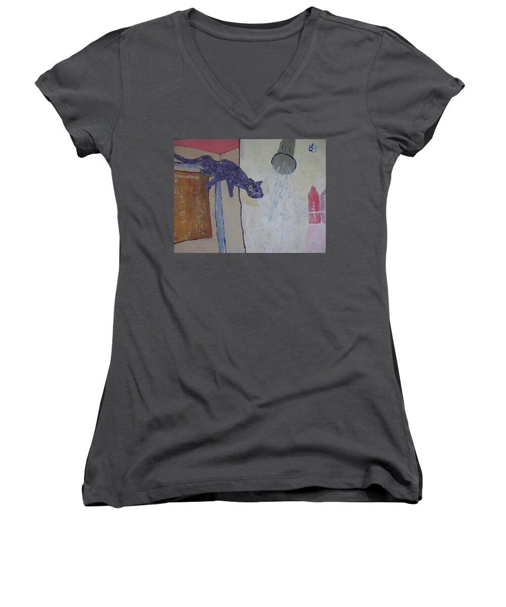 Purple Women's V-Neck featuring the painting Shower Cat by AJ Brown