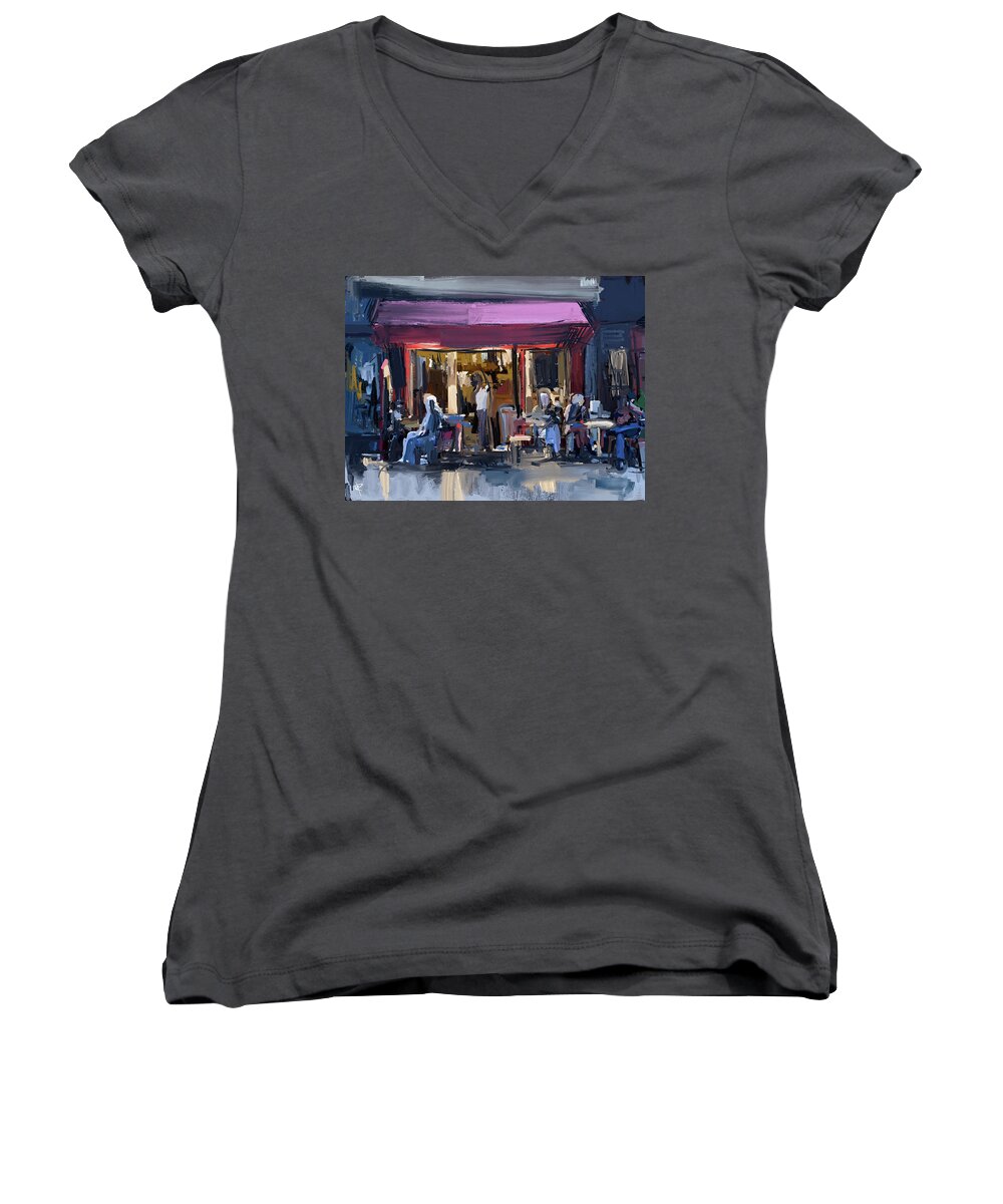 Abstract Street Scene Women's V-Neck featuring the mixed media Sidewalk Scene by Russell Pierce