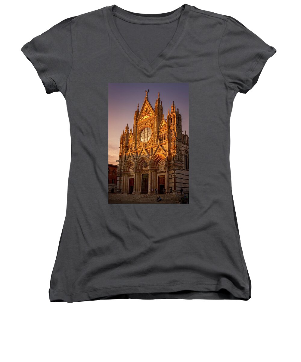 Siena Women's V-Neck featuring the photograph Siena Italy Cathedral Sunset by Joan Carroll