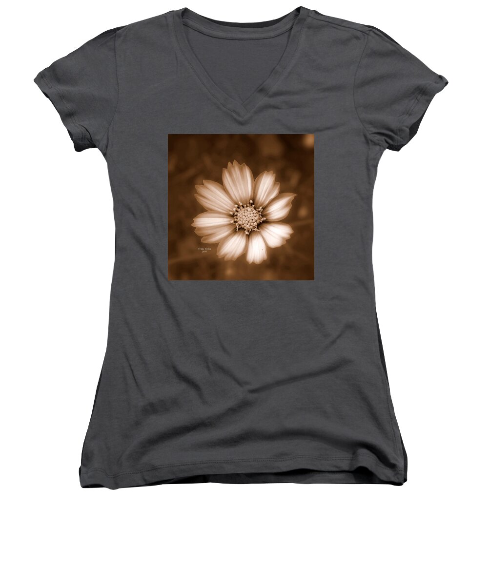 Sepia Women's V-Neck featuring the photograph Silent Petals by Trish Tritz