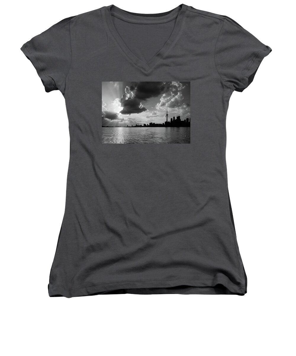 Canada Women's V-Neck featuring the photograph Silhouette CN Tower by Nick Mares