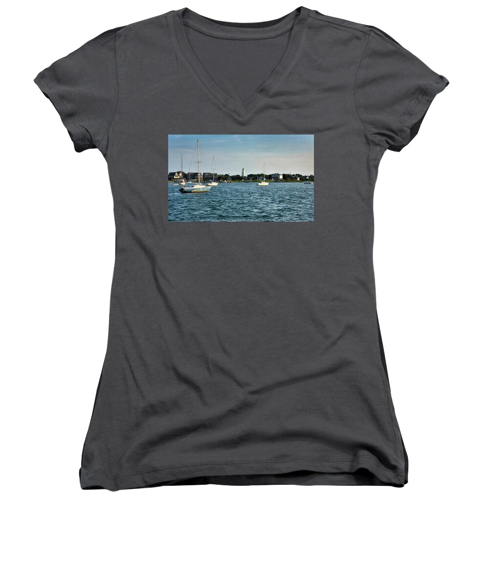 Ocracoke Women's V-Neck featuring the photograph Silver Lake and Ocracoke Island Lighthouse by Brendan Reals