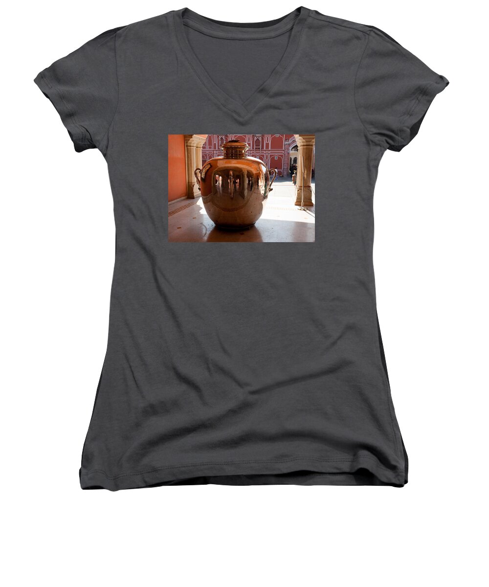 Silver Women's V-Neck featuring the photograph Silver water urn Jaipur by Ashish Agarwal