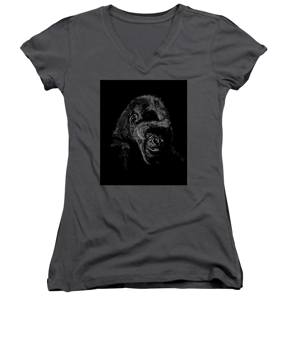 Wildlife Women's V-Neck featuring the drawing Silverback by Lawrence Tripoli