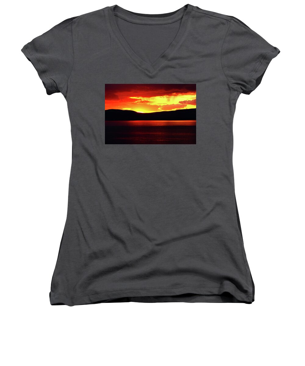 Sunsets Women's V-Neck featuring the photograph Sky Of Fire by Aidan Moran