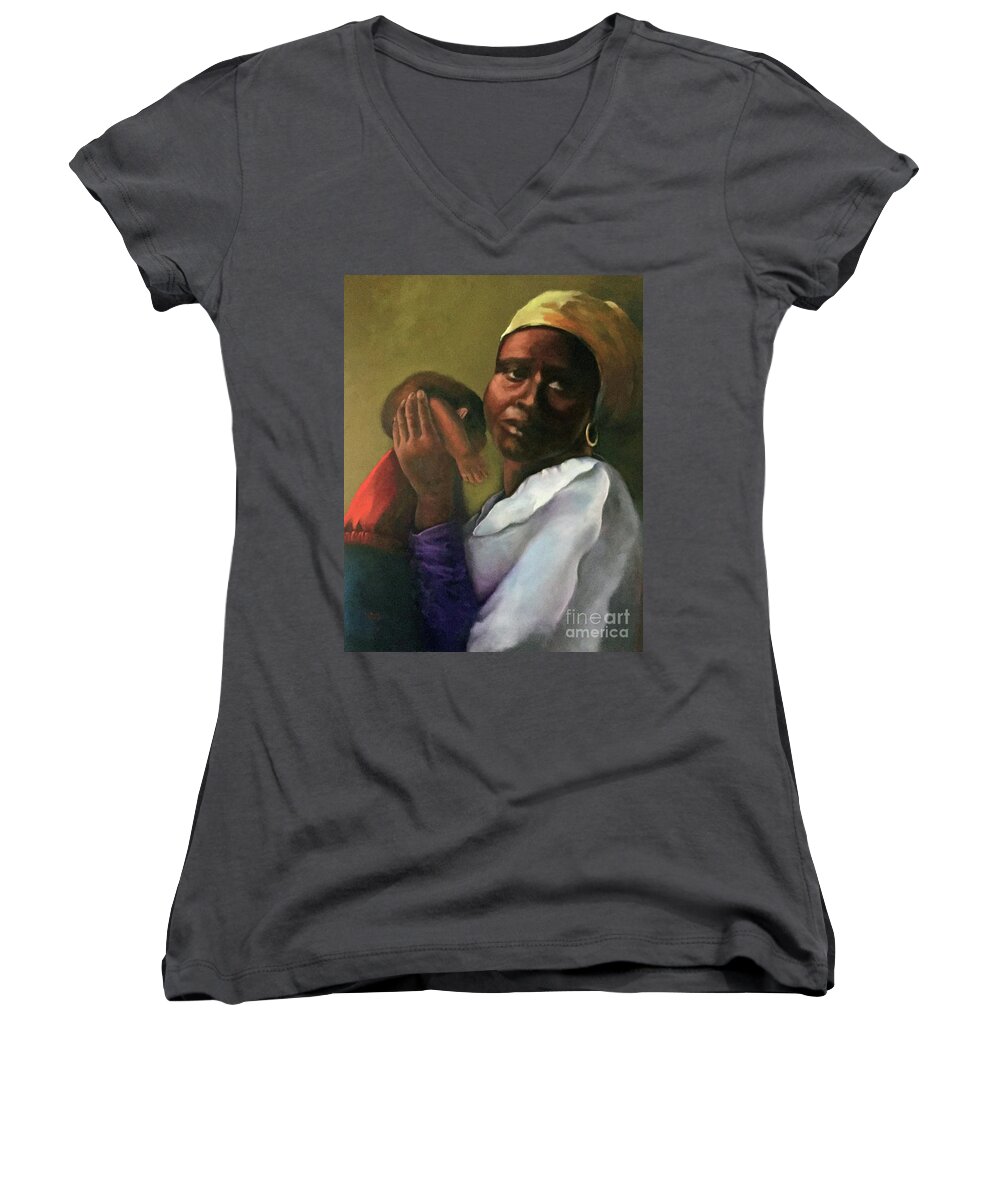 Black Mother Women's V-Neck featuring the painting Slaughter of the Innocents by Marlene Book
