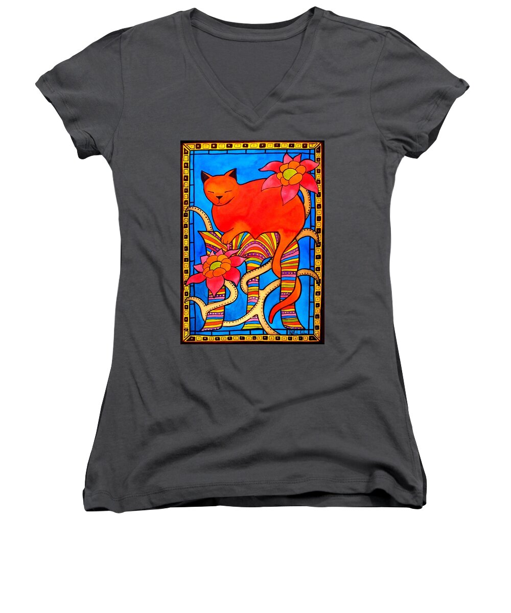 Cats Women's V-Neck featuring the painting Sleeping Beauty by Dora Hathazi Mendes by Dora Hathazi Mendes