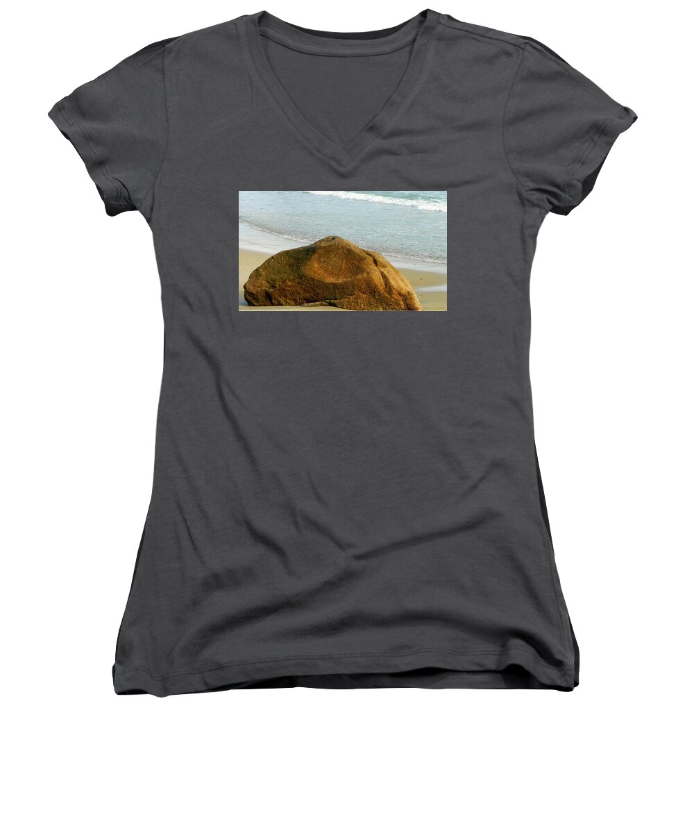 Rock Women's V-Neck featuring the photograph Sleeping Giant at Marthas Vineyard by Kathy Barney