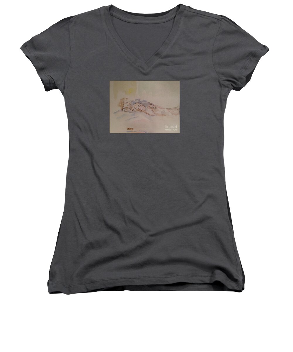 Man Women's V-Neck featuring the painting Sleepy Heads by Denise Tomasura