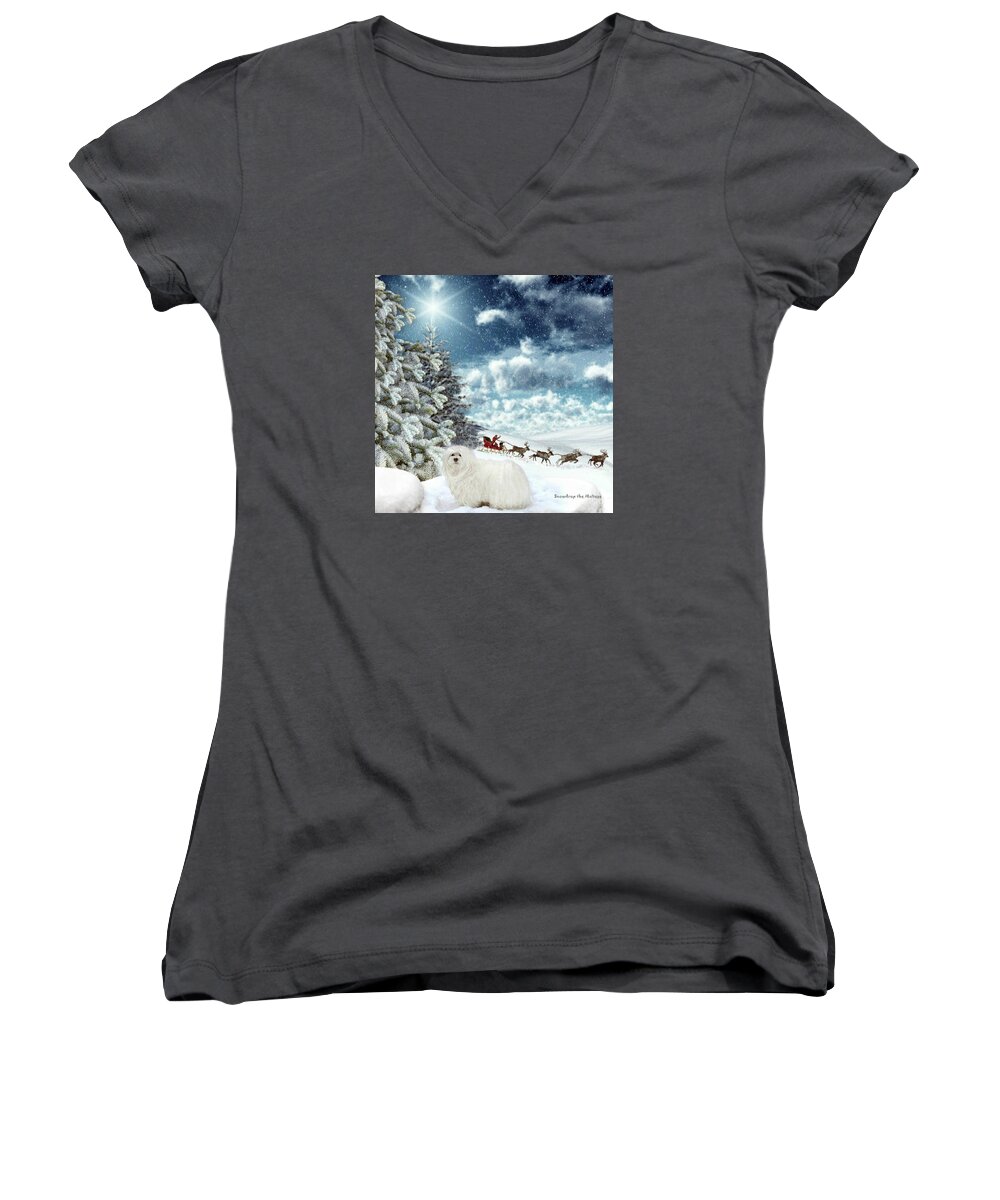 maltese Dog Christmas Women's V-Neck featuring the mixed media Sleigh Bells Ringing by Morag Bates