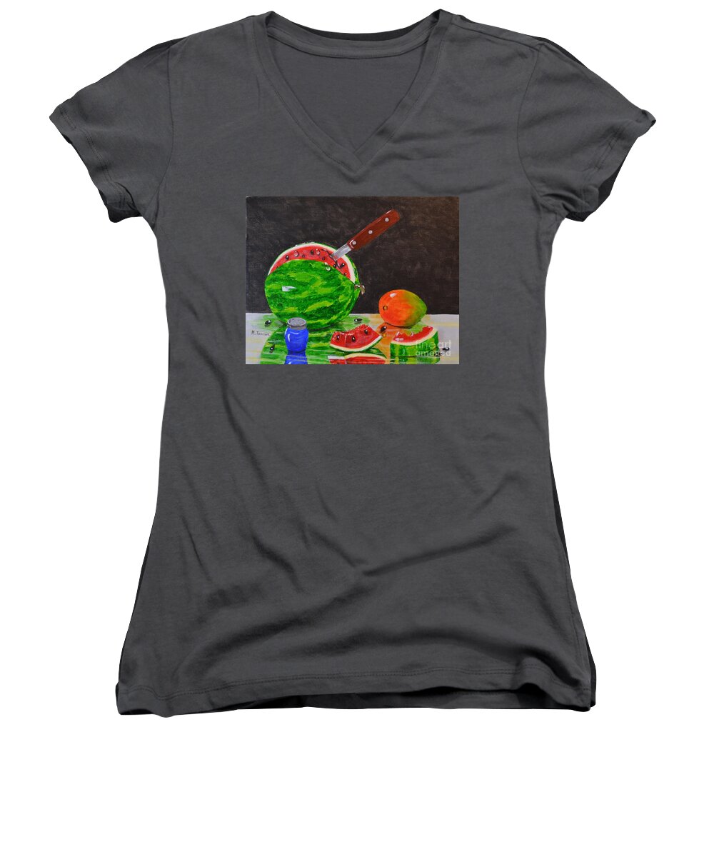 Melon Women's V-Neck featuring the painting Sliced Melon by Melvin Turner