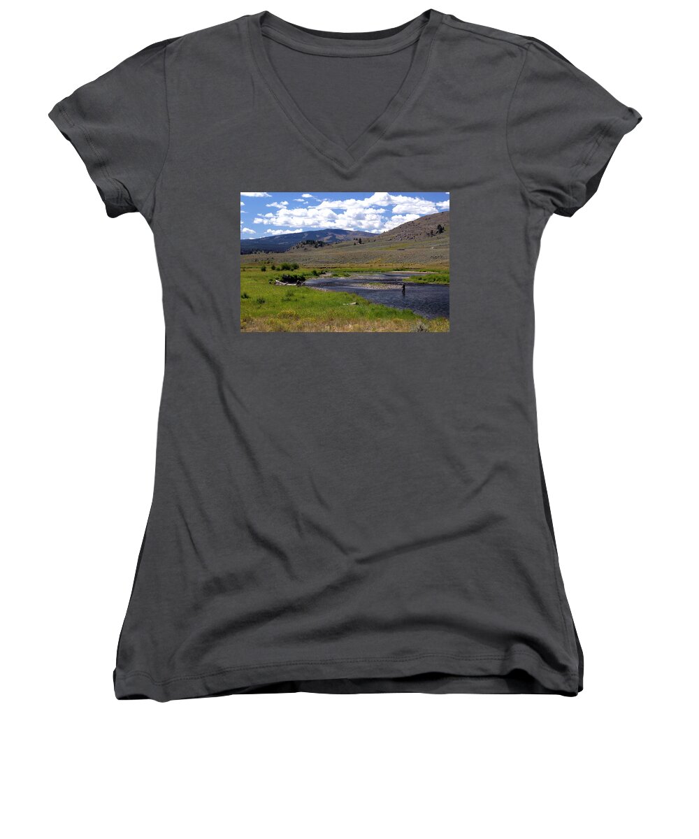 Yellowston National Park Women's V-Neck featuring the photograph Slough Creek Angler by Marty Koch