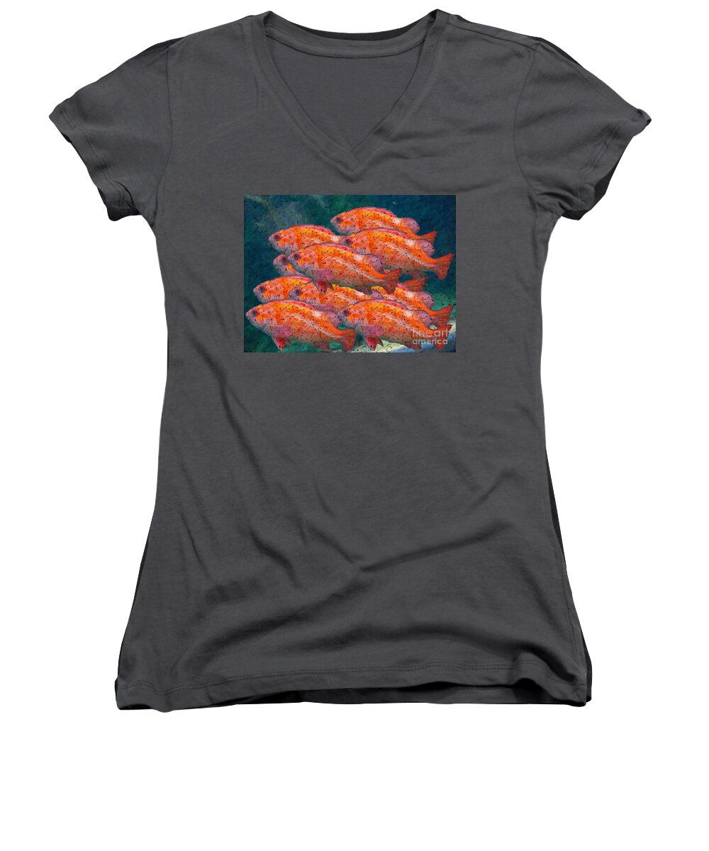 Fish Women's V-Neck featuring the digital art Small School by Ronald Bissett