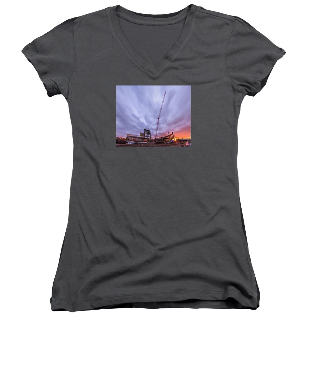 Smart Women's V-Neck featuring the photograph Smart Financial Centre Construction Sunset Sugar Land Texas 10 26 2015 by Micah Goff