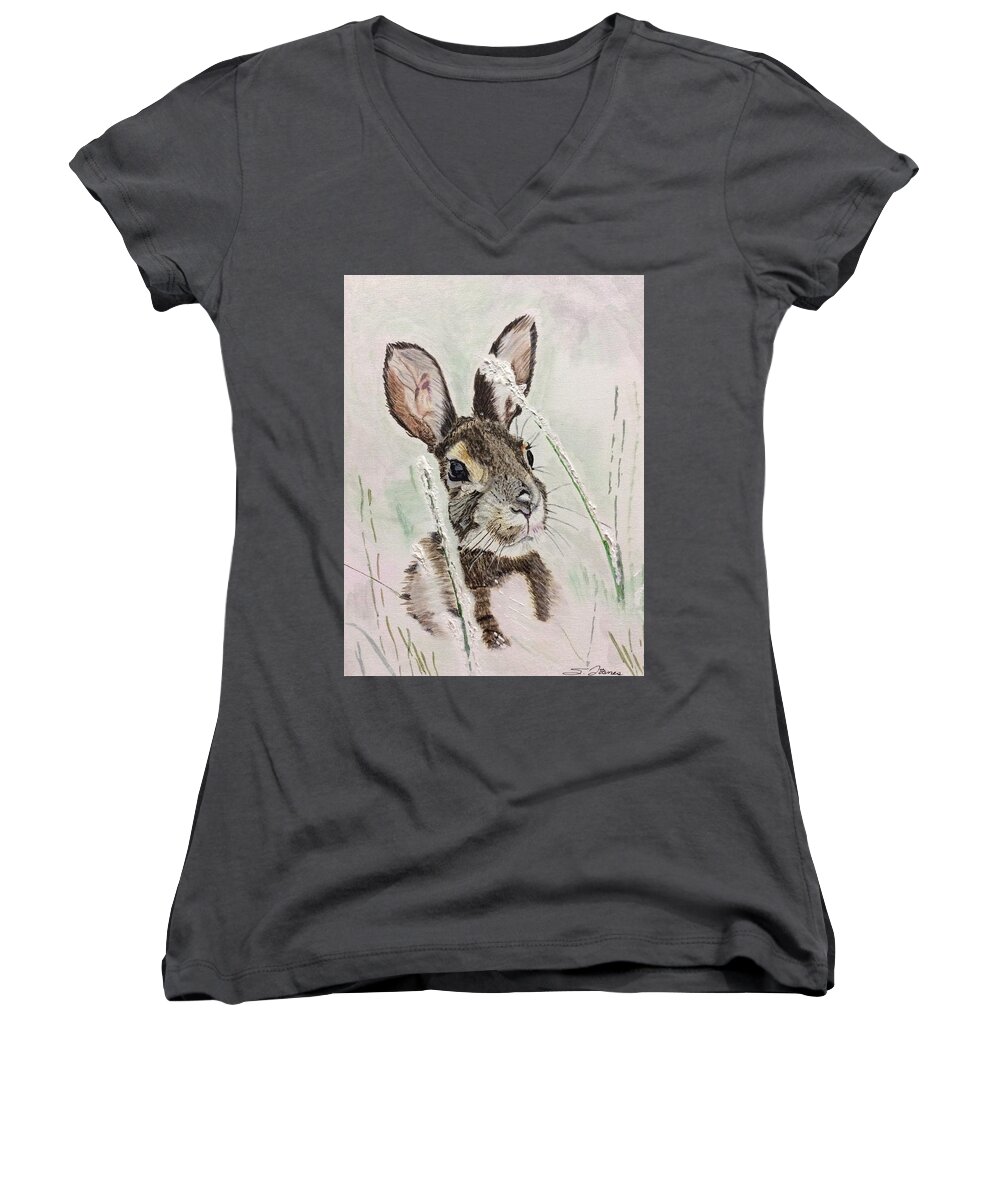 Rabbit Women's V-Neck featuring the painting Snow blown by Sonja Jones