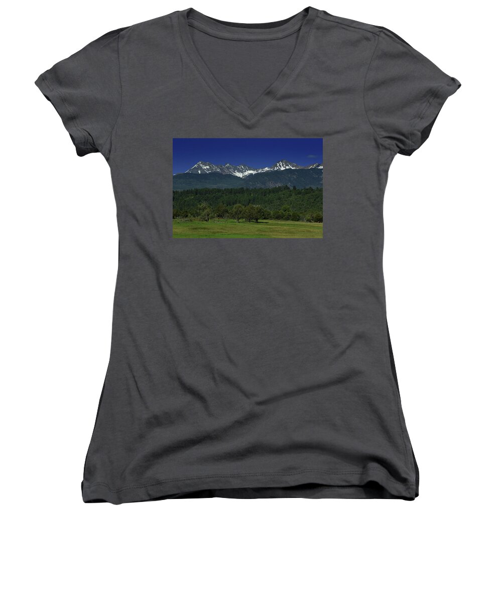 Snow Women's V-Neck featuring the photograph Snow Capped Mountains 2 by Renee Hardison