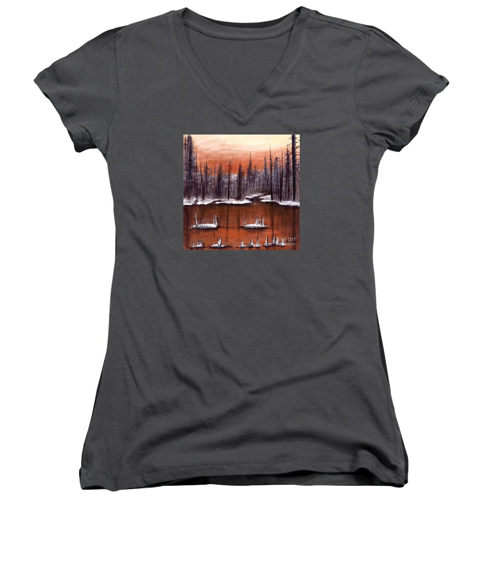 #snow #trees #water #forests #lakes #frozen #landscapes #glow #copper Women's V-Neck featuring the painting Snow Glow by Allison Constantino