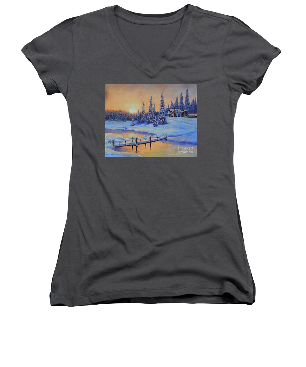 Winter Women's V-Neck featuring the painting Snow Home by Jeanette French