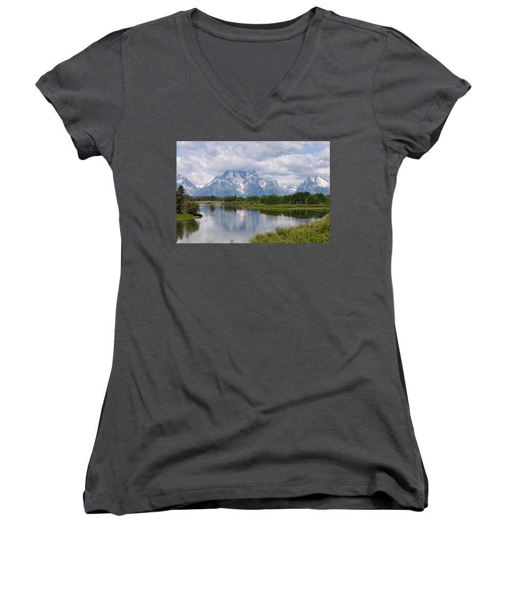 Teton Mountains Women's V-Neck featuring the photograph Snow in July by John Moyer