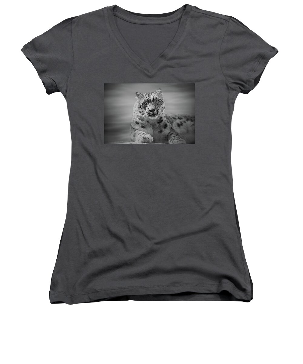 Snow Leopard Women's V-Neck featuring the photograph Snow Leopard bw by Sandy Keeton