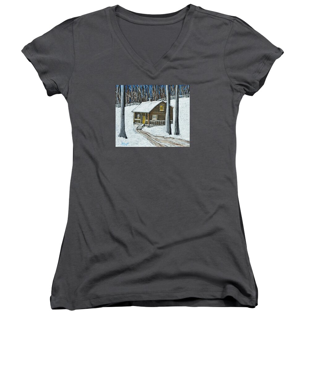 Cabins Women's V-Neck featuring the pastel Snow on Cabin by Reb Frost