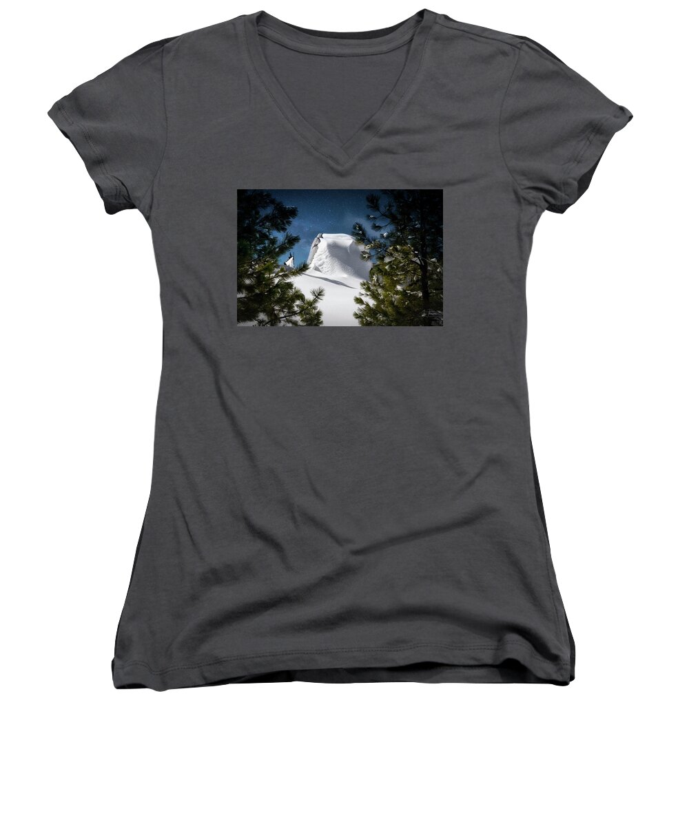 Sierra Nevada Mountains Women's V-Neck featuring the photograph Snow Stars and Moonlight by Jim Thompson