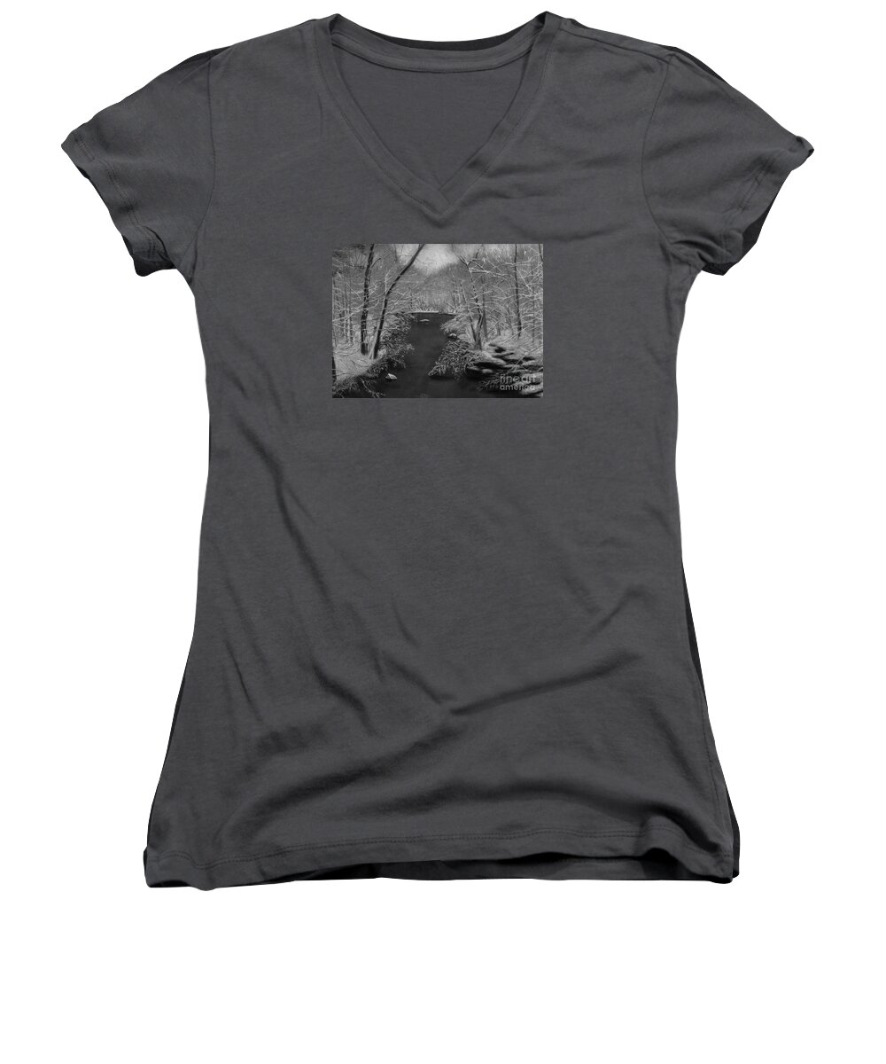 Black And White Women's V-Neck featuring the painting Snowy River by Lynn Quinn