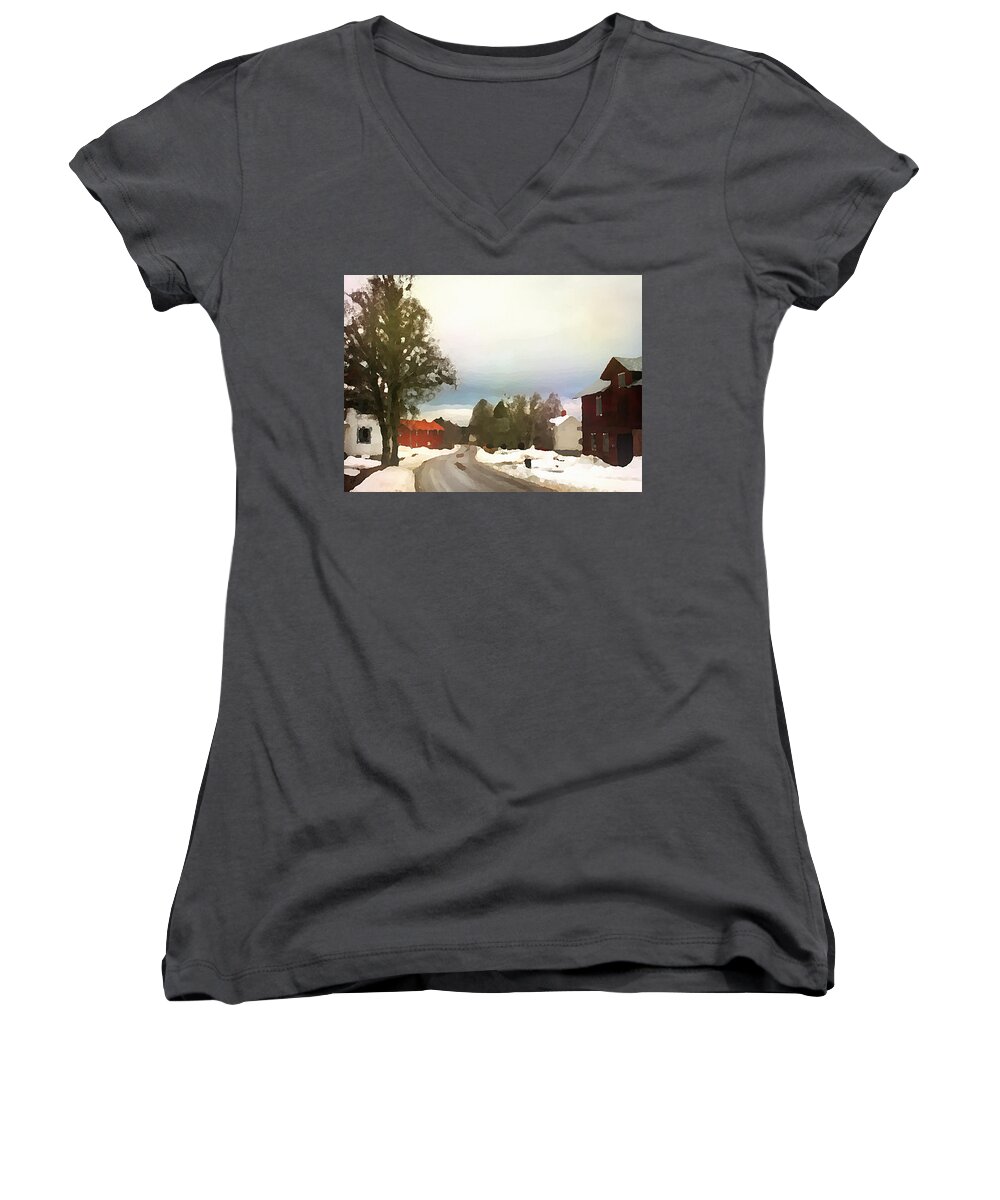 Snowy Women's V-Neck featuring the digital art Snowy Street with Red House by Shelli Fitzpatrick