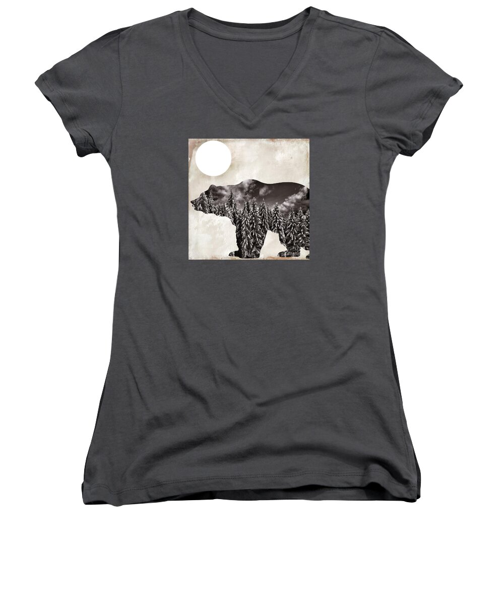 Bear Women's V-Neck featuring the painting Something Wild Bear by Mindy Sommers