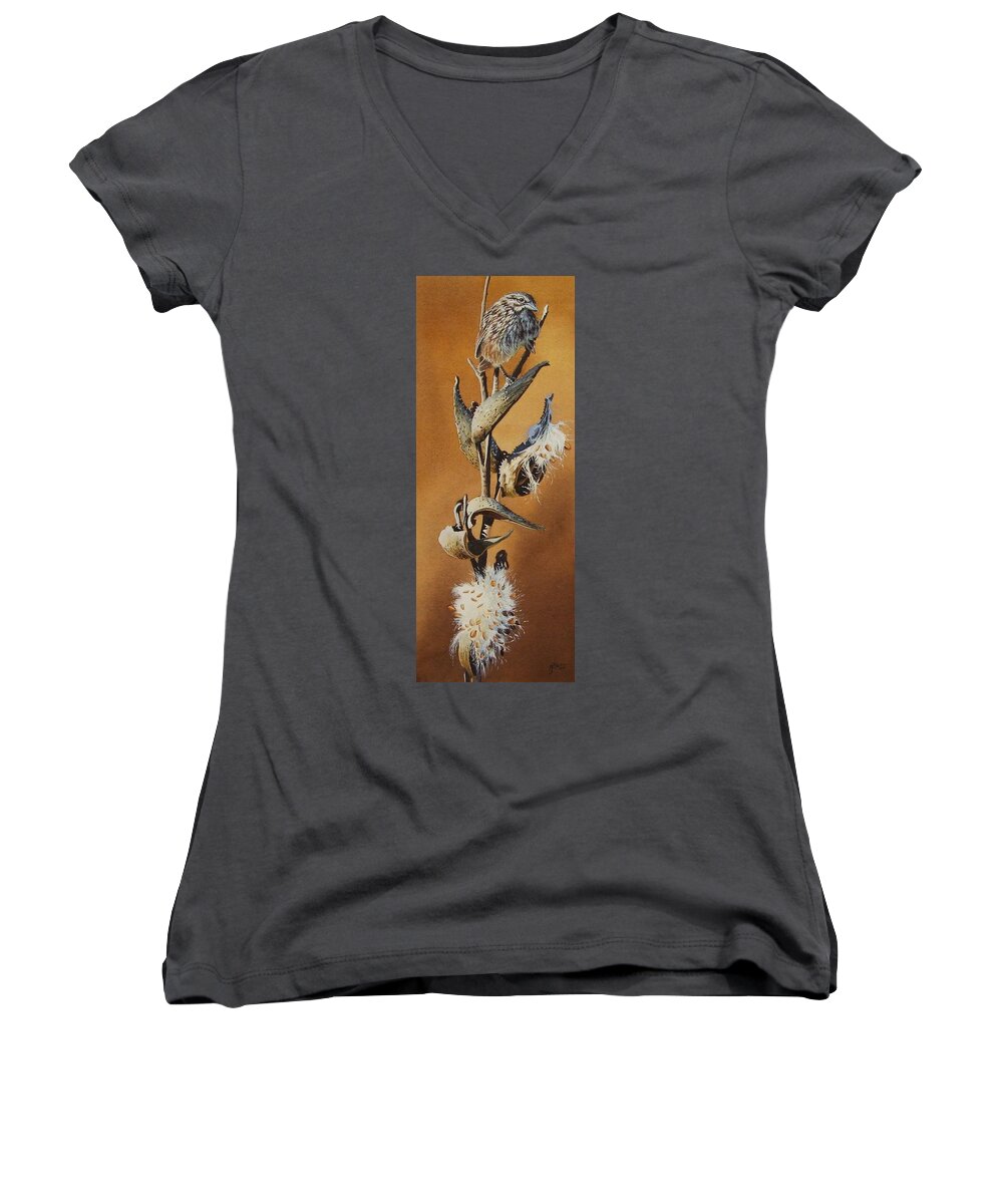 Songsparrow Women's V-Neck featuring the painting Song Sparrow and Milkweed by Greg and Linda Halom