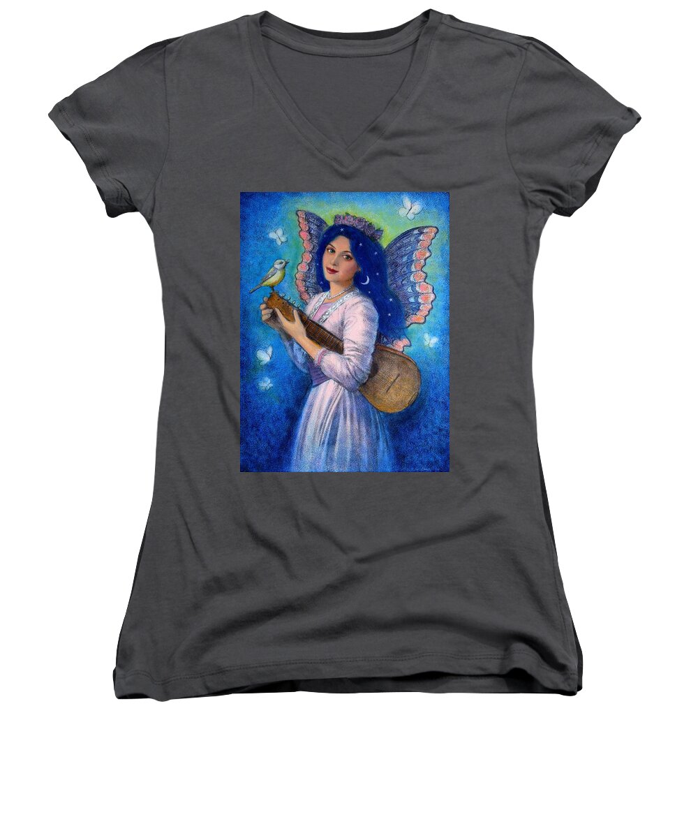 Music Women's V-Neck featuring the painting Songbird for a Blue Muse by Sue Halstenberg