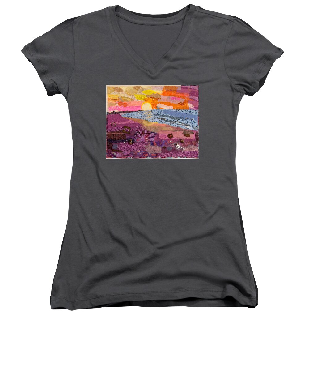 Art Quilt Women's V-Neck featuring the mixed media South Carolina Dawn by Martha Ressler