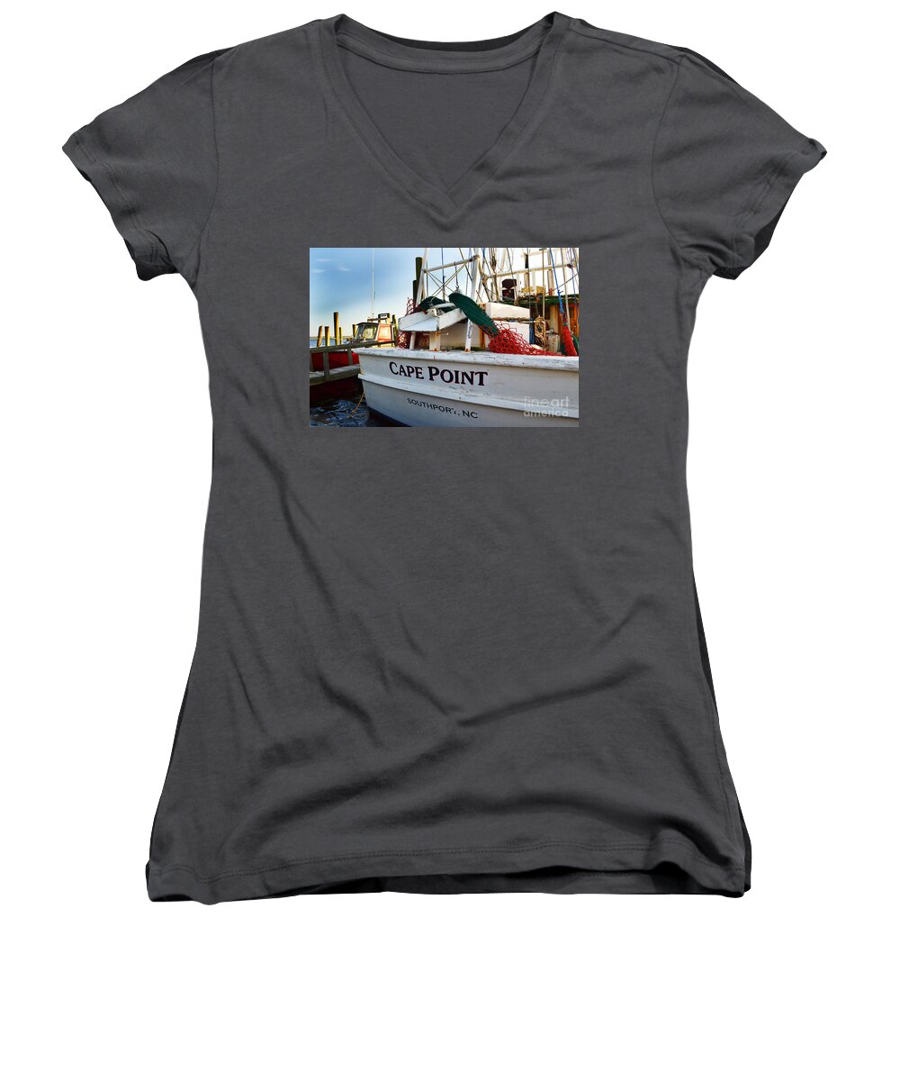 Cape Point Boat Women's V-Neck featuring the photograph Southport Cape Point Boat by Amy Lucid