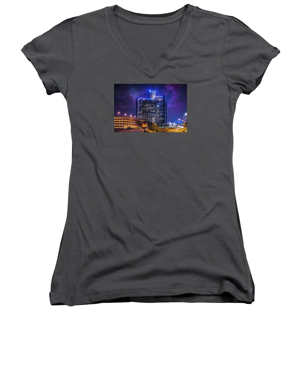 Dj Just Nick Women's V-Neck featuring the photograph Space Detroit by Nicholas Grunas