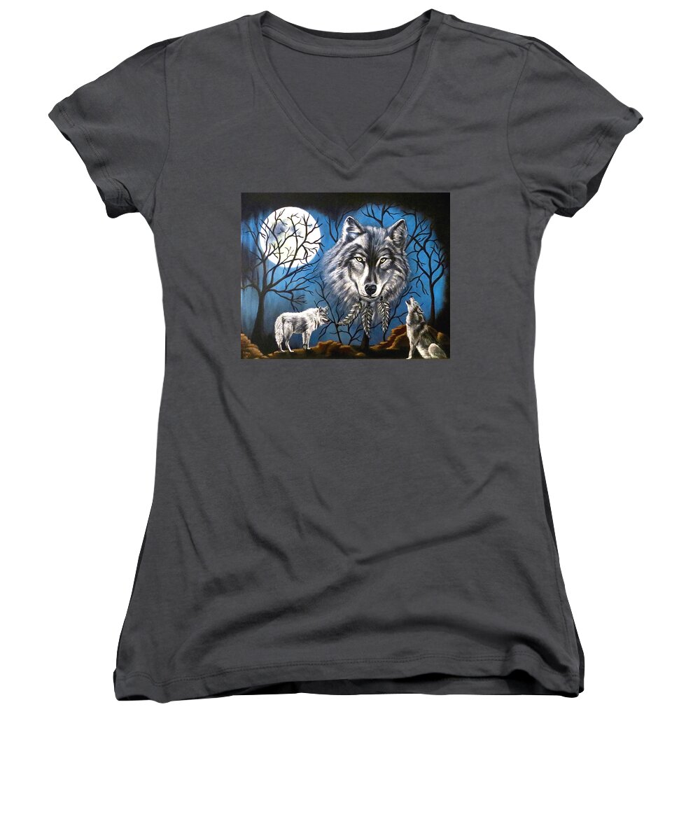 Wolf Women's V-Neck featuring the painting Spirit Wolf by Teresa Wing