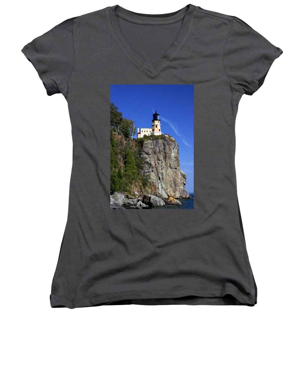 Lighthouse Women's V-Neck featuring the photograph Split Rock 2 by Marty Koch