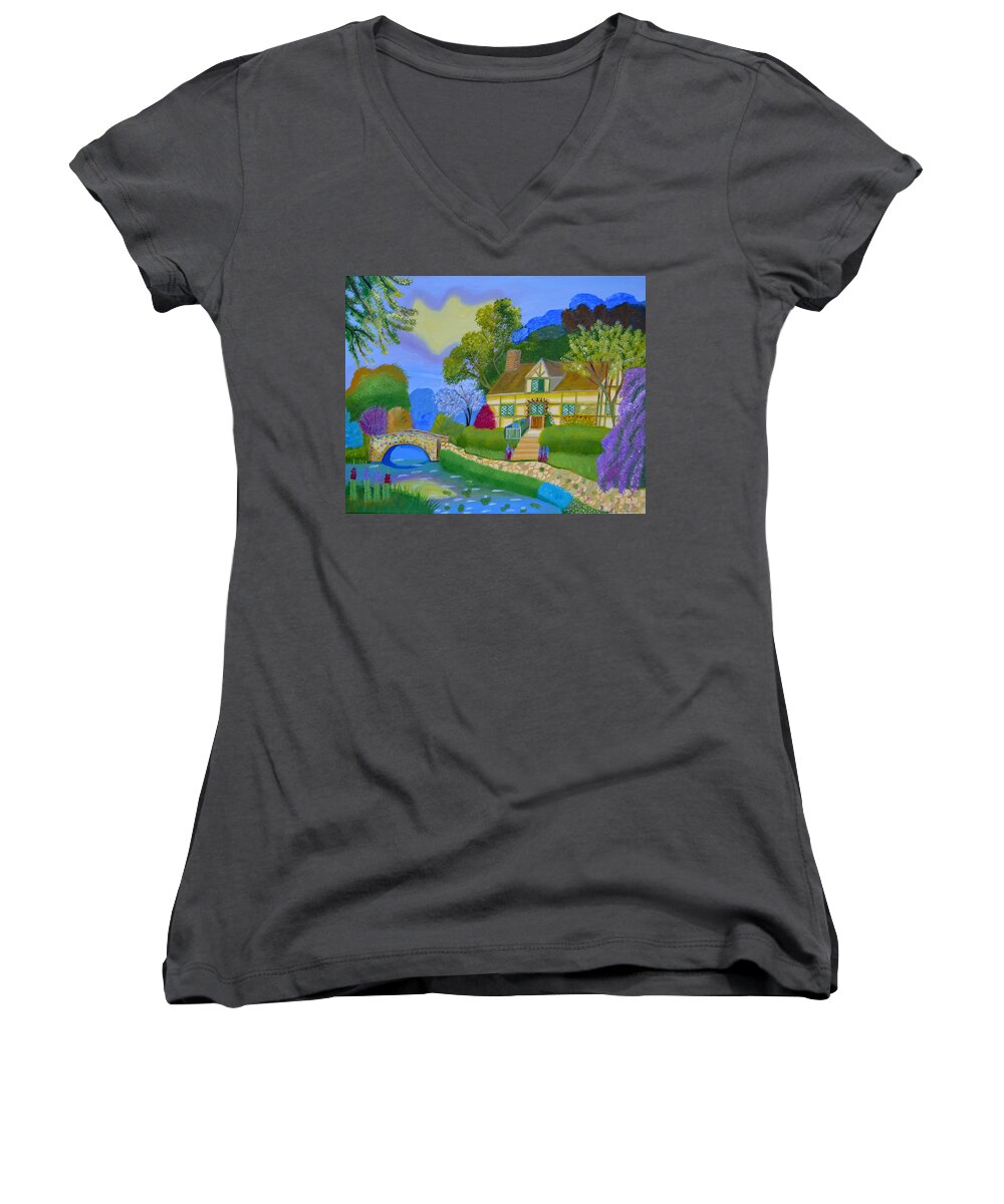 Spring Women's V-Neck featuring the painting Spring cottage by Magdalena Frohnsdorff