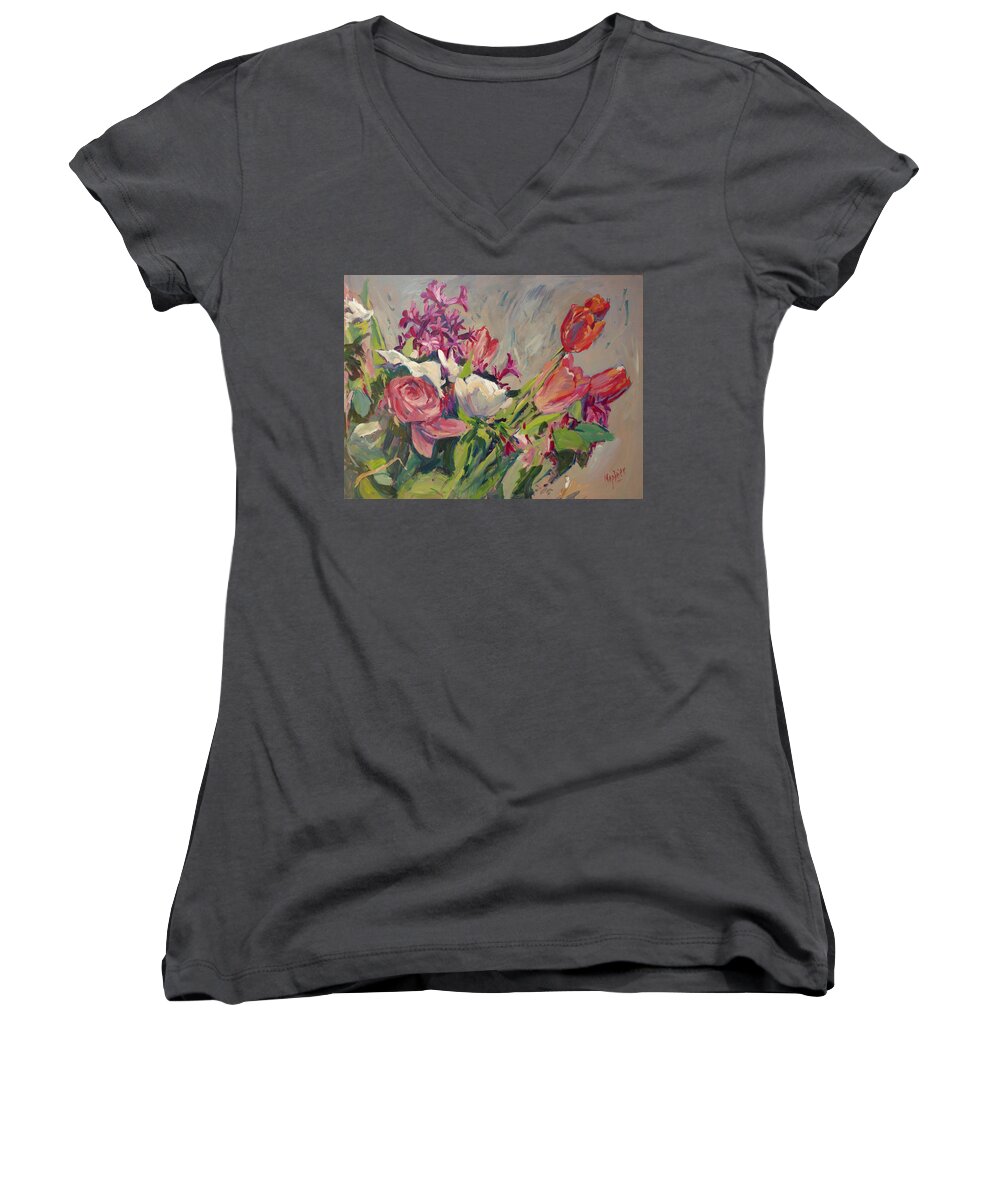 Flower Women's V-Neck featuring the painting Spring flowers bouquet by Nop Briex