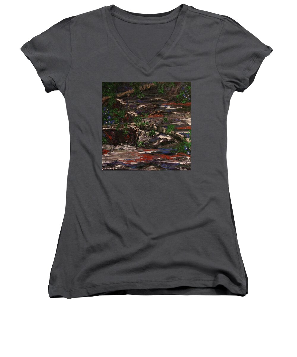 Creek Women's V-Neck featuring the painting Spring run off Clear Creek by Marilyn Quigley