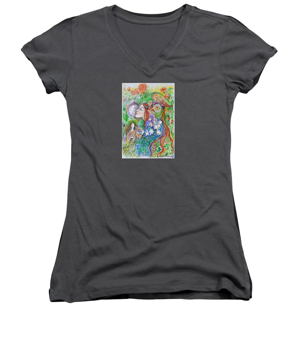 Lilies Of The Valley Women's V-Neck featuring the mixed media Spring Song by Rita Fetisov