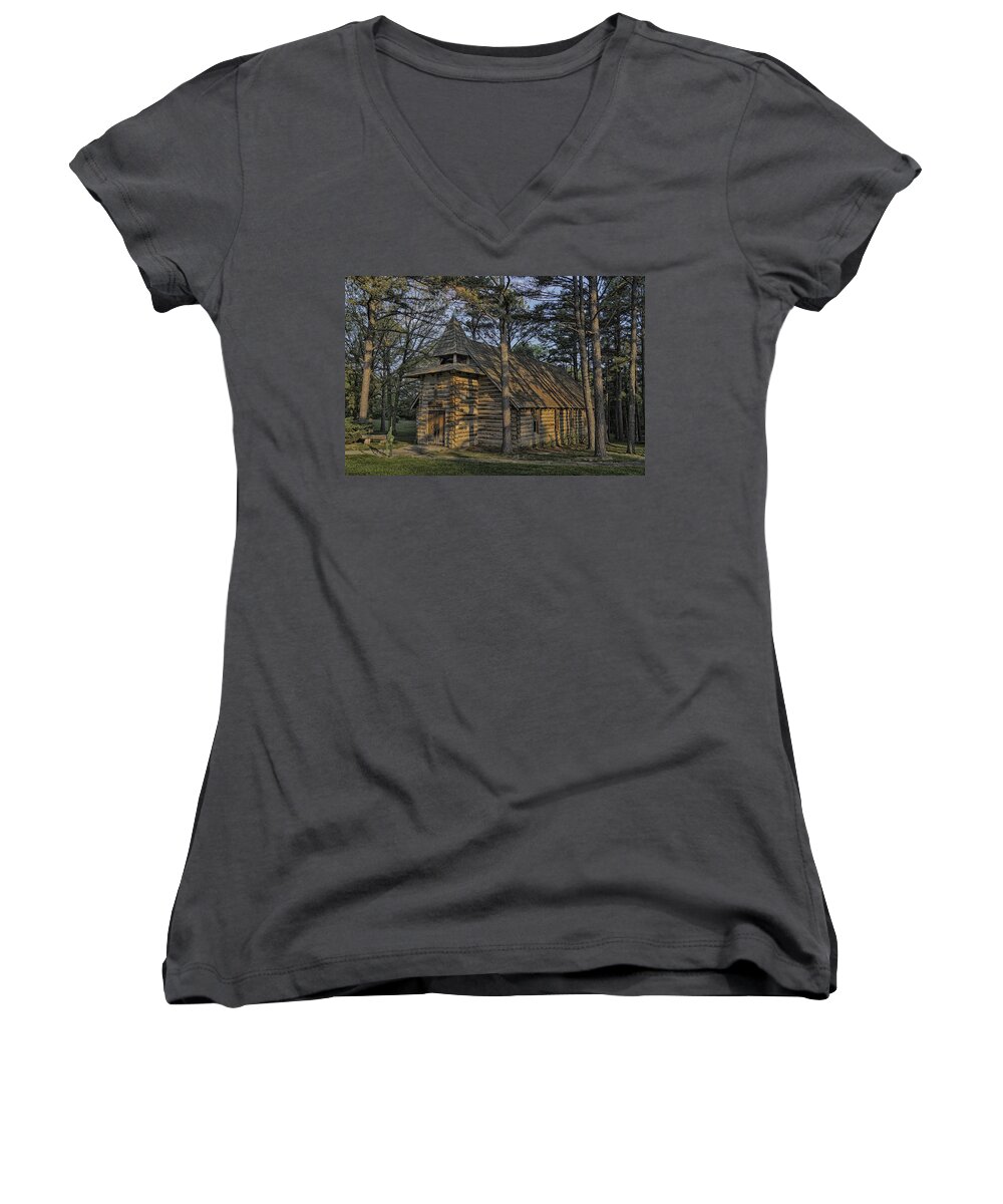 Missouri Women's V-Neck featuring the photograph St Jude Chapel Montauk MO Color DSC02599 by Greg Kluempers