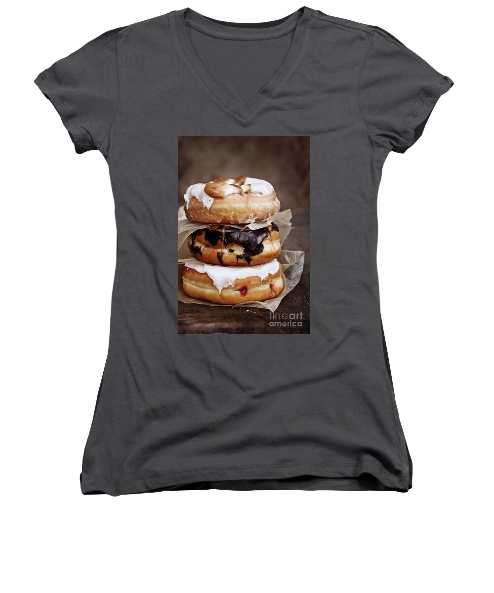 Donuts Women's V-Neck featuring the photograph Stacked Donuts by Stephanie Frey