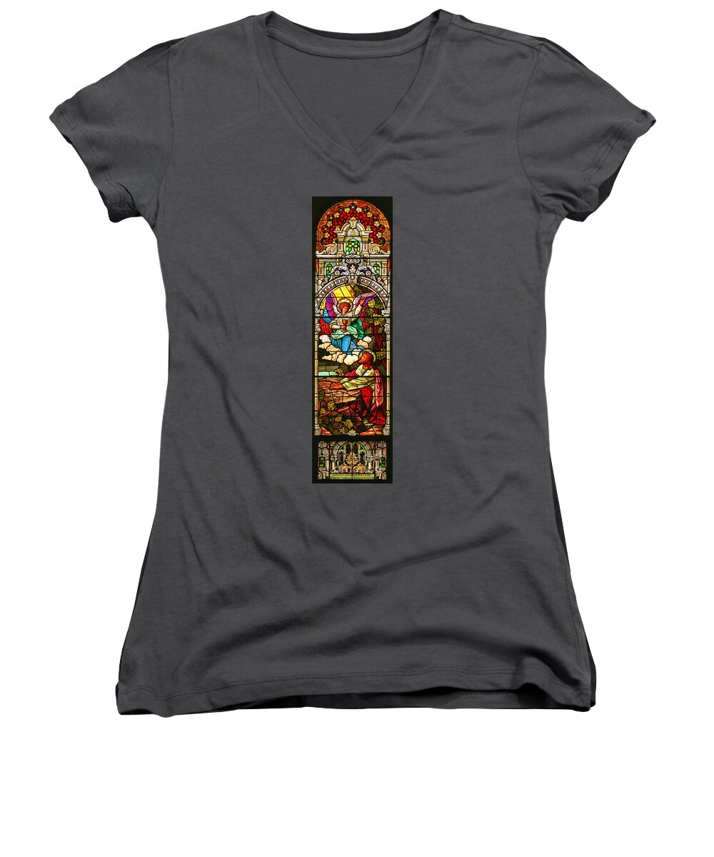 Cathedral Of The Plains Women's V-Neck featuring the photograph Stained Glas Scene 7 by Adam Jewell