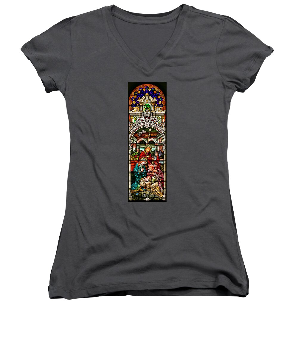 Cathedral Of The Plains Women's V-Neck featuring the photograph Stained Glass Scene 4 - 2 by Adam Jewell